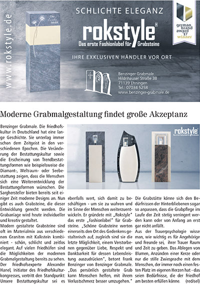 Artikel Kreistzeitung 24.11.2017 Moderne Grabmalgestaltung